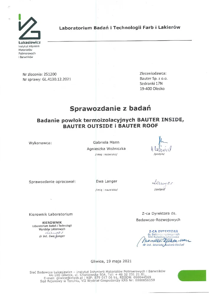 Zeskanowany raport z badania powłok termoizolacyjnych na białym tle, z nagłówkiem i podpisami