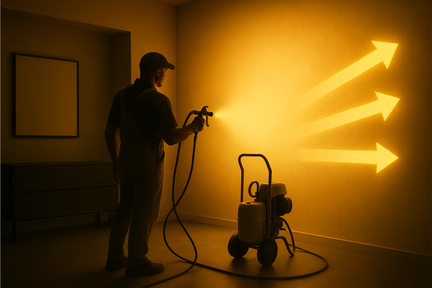 Natryskowa aplikacja żółtej farby termoizolacyjnej na ścianę wewnętrzną