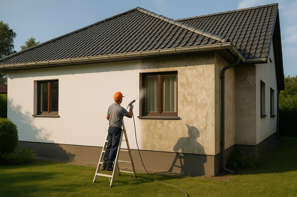 Pracownik na drabinie spryskuje elewację domu w ramach ocieplania elewacji