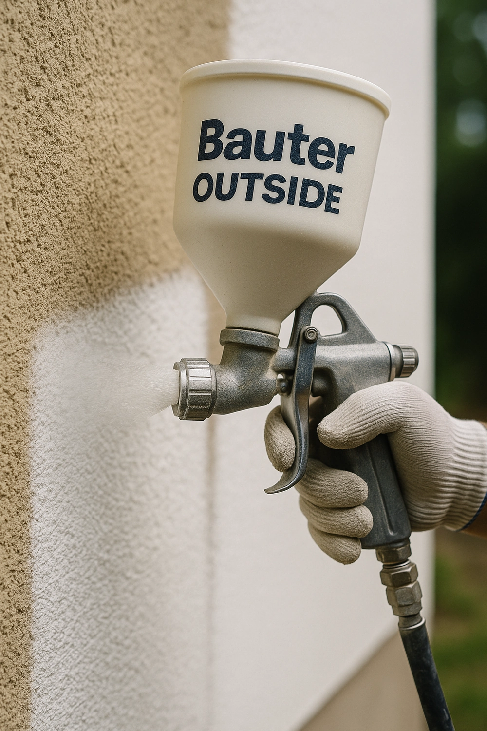 Natryskowe ocieplanie elewacji – ręka w rękawicy trzyma pistolet nakładający białą cienkowarstwową powłokę termoizolacyjną