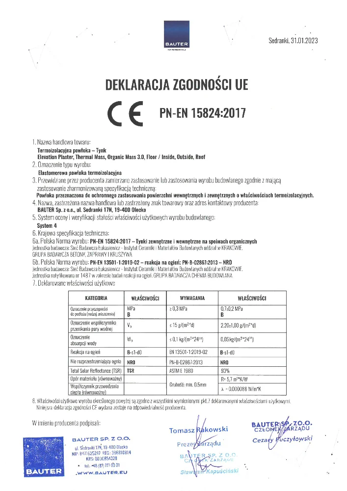 Deklaracja zgodności UE z oznaczeniem CE i normą PN-EN dotyczącą termoizolacji cienkowarstwowej Termoizolacja