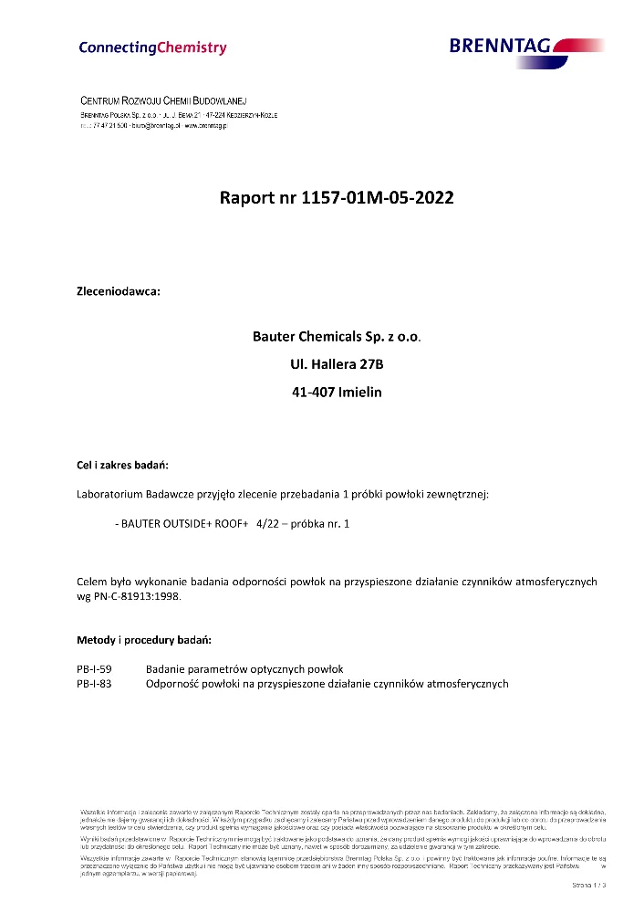 Strona raportu badania odporności powłoki na czynniki atmosferyczne z nagłówkiem i danymi zleceniodawcy