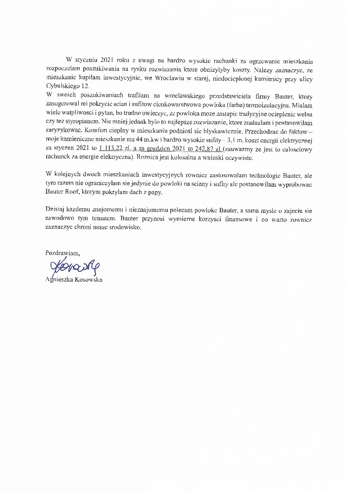 Zeskanowany list referencyjny z opisem zadowolenia z termoizolacji mieszkania