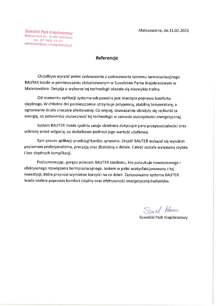 Skan listu referencyjnego Suwalskiego Parku Krajobrazowego potwierdzającego skuteczność termoizolacji
