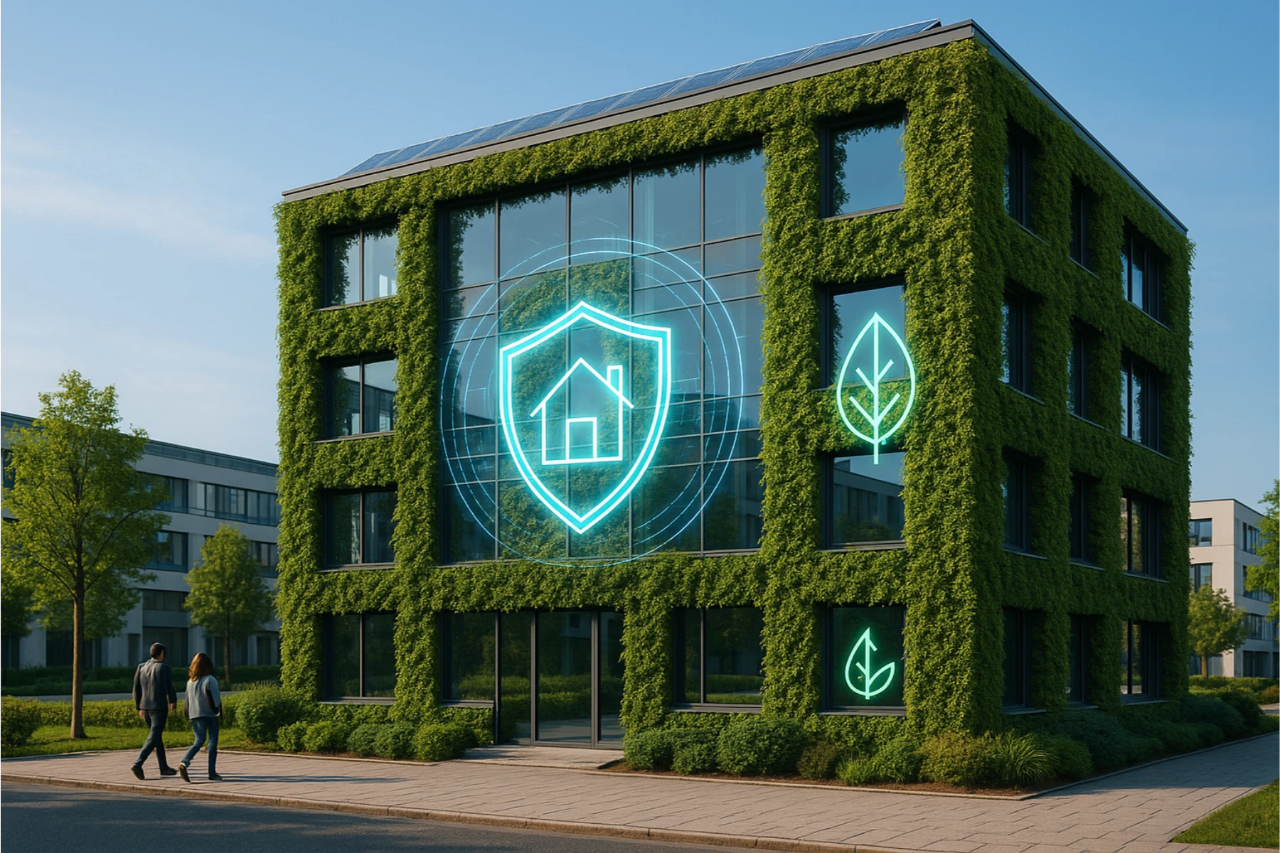 Termoizolacja elewacji na budynku z zielonymi pnączami i szklanym frontem, symbolizująca ochronę energetyczną