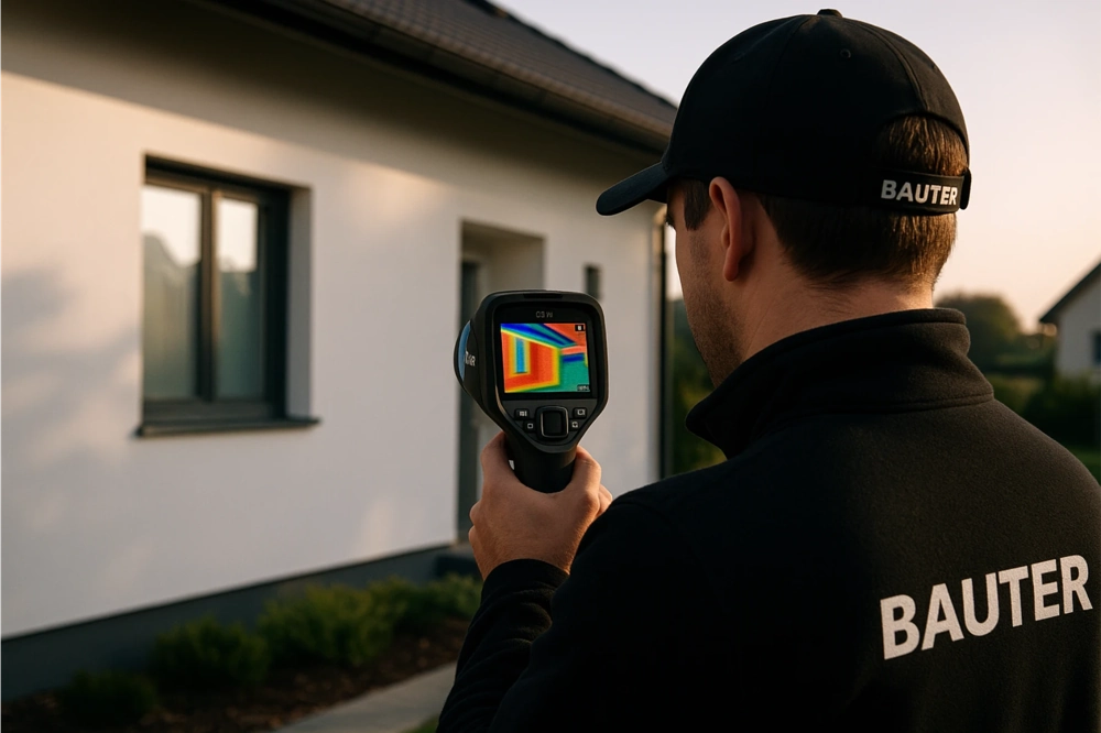 Technik budowlany skanuje kamerą termowizyjną elewację domu przed ociepleniem domu