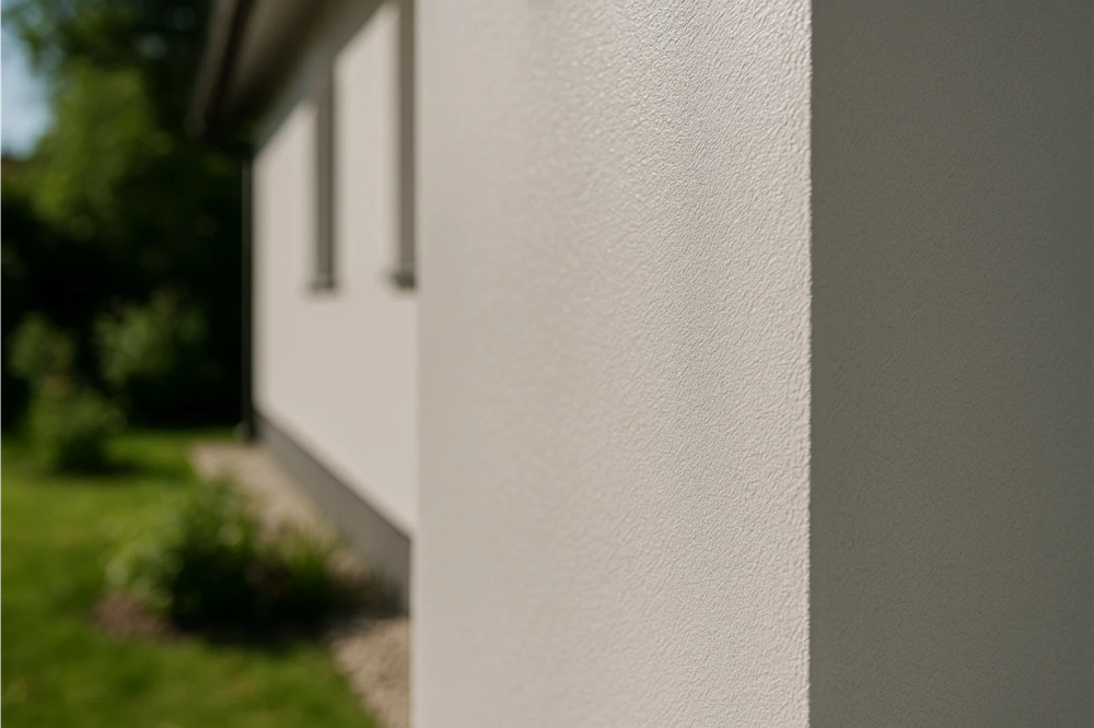 Narożnik budynku z białą cienkowarstwową powłoką termoizolacyjną, ocieplenie domu