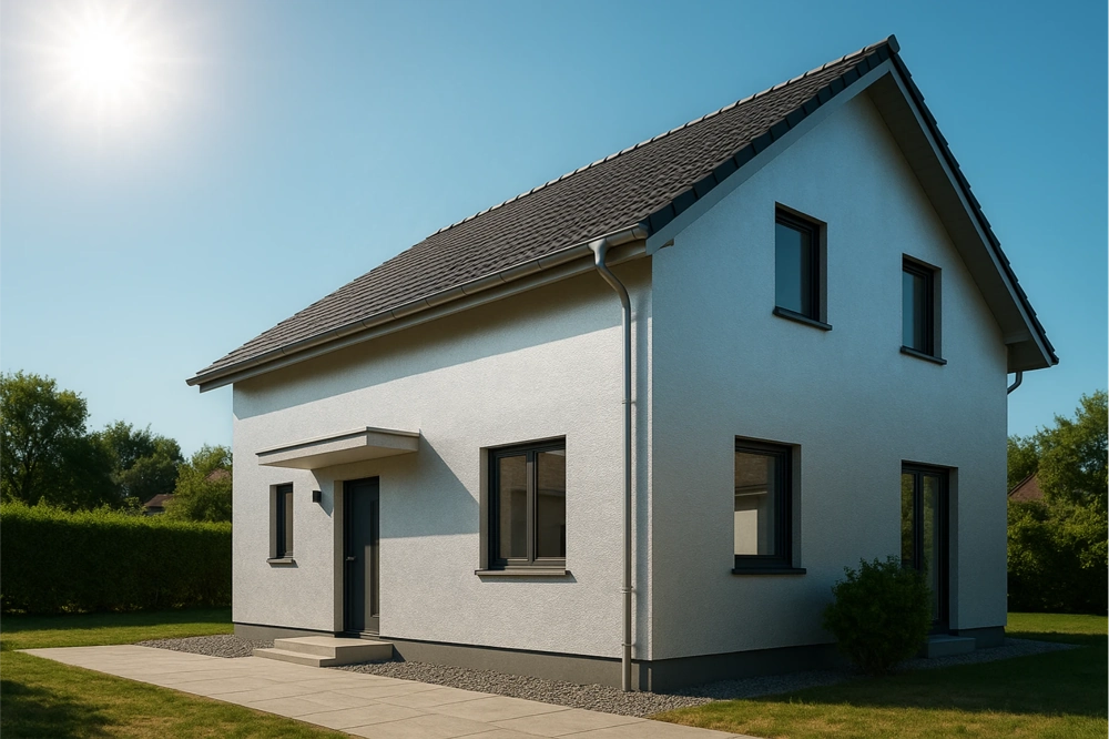 Nowoczesny biały dom z ocieplonymi ścianami, ciemnym dachem i schludnym podjazdem – Ocieplenie domu