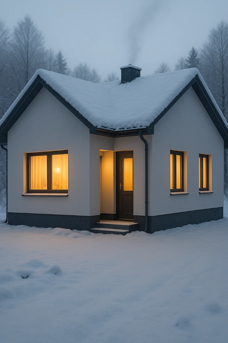 Dom jednorodzinny z ociepleniem fasady w zimowej scenerii śniegu, ciepło oświetlone wnętrze – Ocieplenie domu