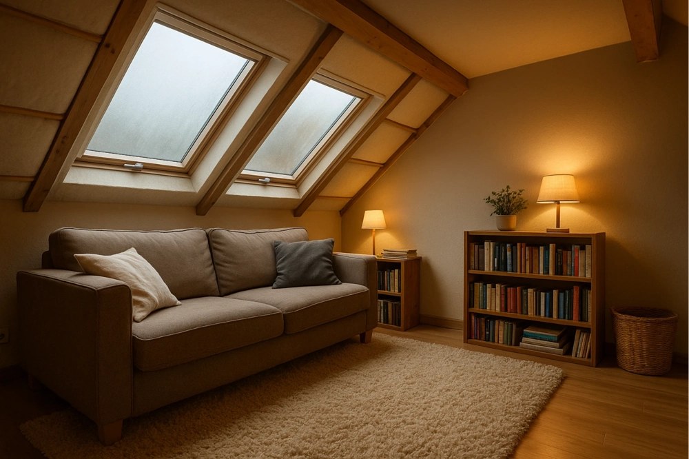 Poddasze z ocieplonym sufitem, dwoma oknami dachowymi, sofą i regałem z książkami – ocieplenie poddasza
