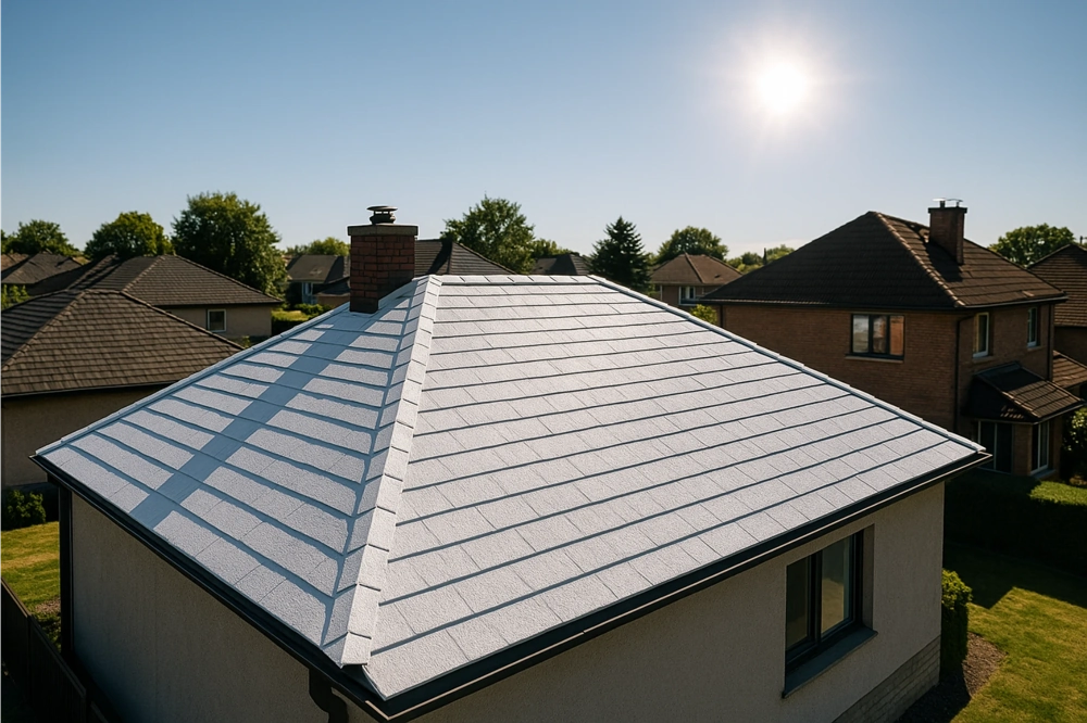 Widok dachu domu z nakładaną ultracienką powłoką izolacyjną odbijającą promieniowanie słoneczne
