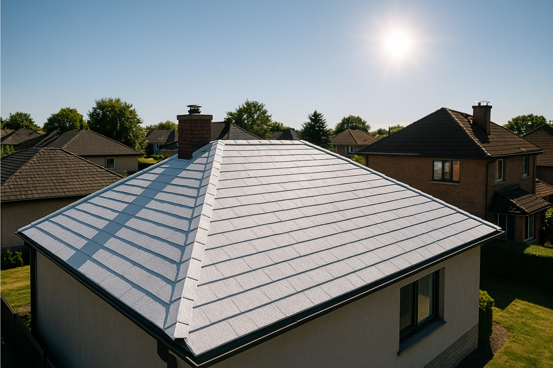 Płaska biała termoizolacyjna powłoka na dachu z kominem – ocieplenie dachu zapewniające ochronę i oszczędność energii