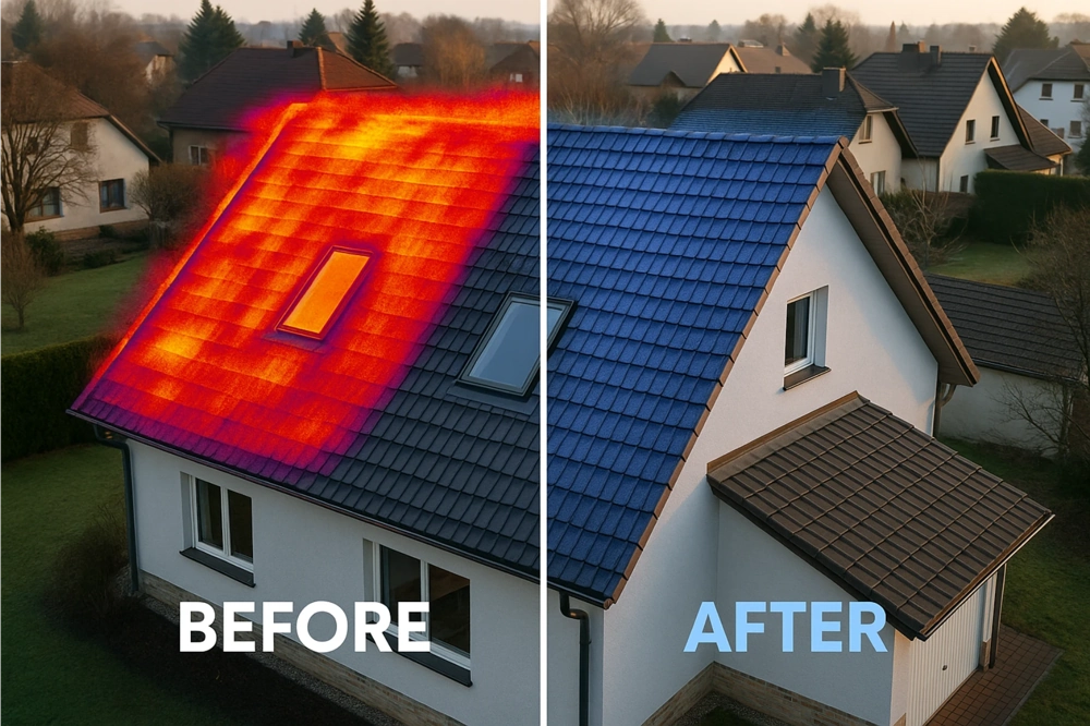 Porównanie termowizyjne dachu przed i po ociepleniu poddasza, pokazujące różnicę temperatur i efekt izolacji
