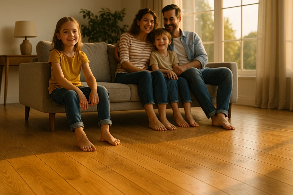 Rodzina siedząca na kanapie w pokoju z drewnianą podłogą – usługa Izolacja podłogi