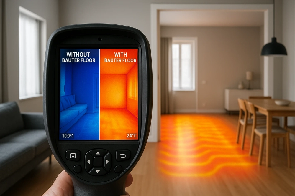Termowizyjny obraz podłogi pokazujący różnicę temperatur przed i po izolacji podłogi