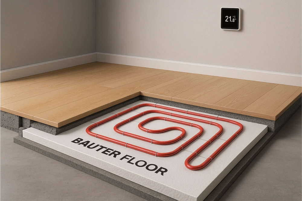 Izolacja podłogi – przekrój z rurami ogrzewania podłogowego i termostatem pod drewnianą nawierzchnią