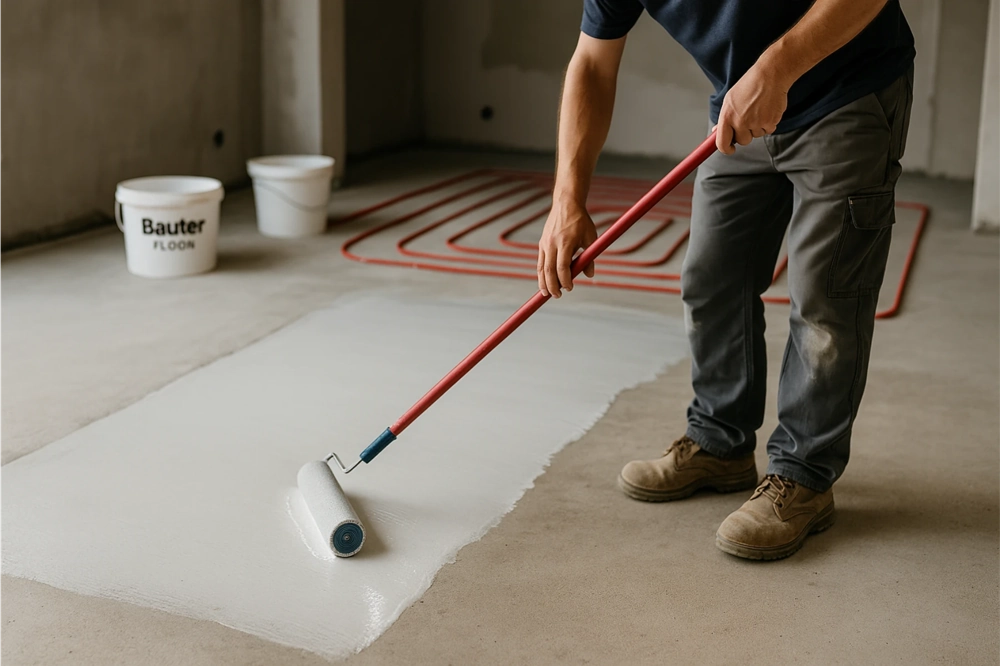 Izolacja podłogi: mężczyzna nakłada wałkiem białą cienkowarstwową masę termiczną na betonową posadzkę nad instalacją grzewczą