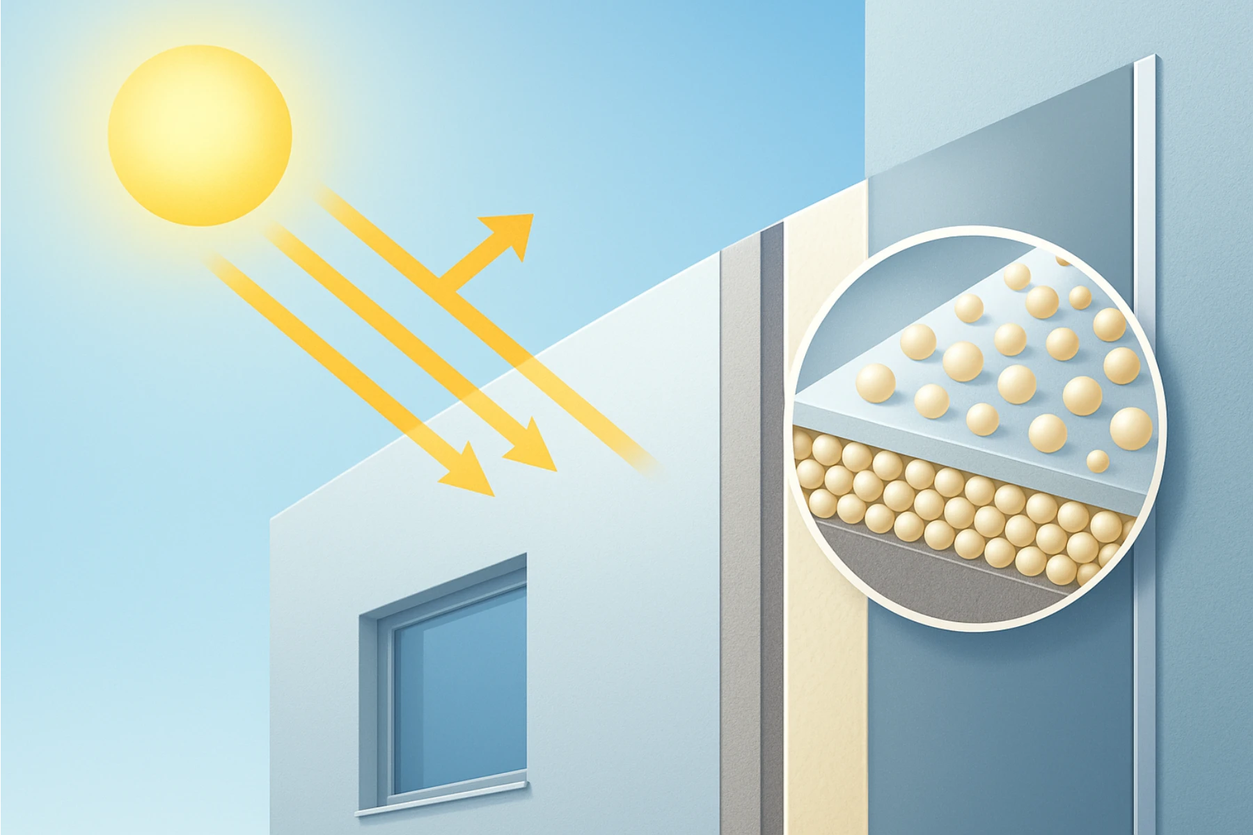 Przekrój cienkowarstwowego ocieplania elewacji domu z warstwą termoizolacyjną i powłoką ochronną