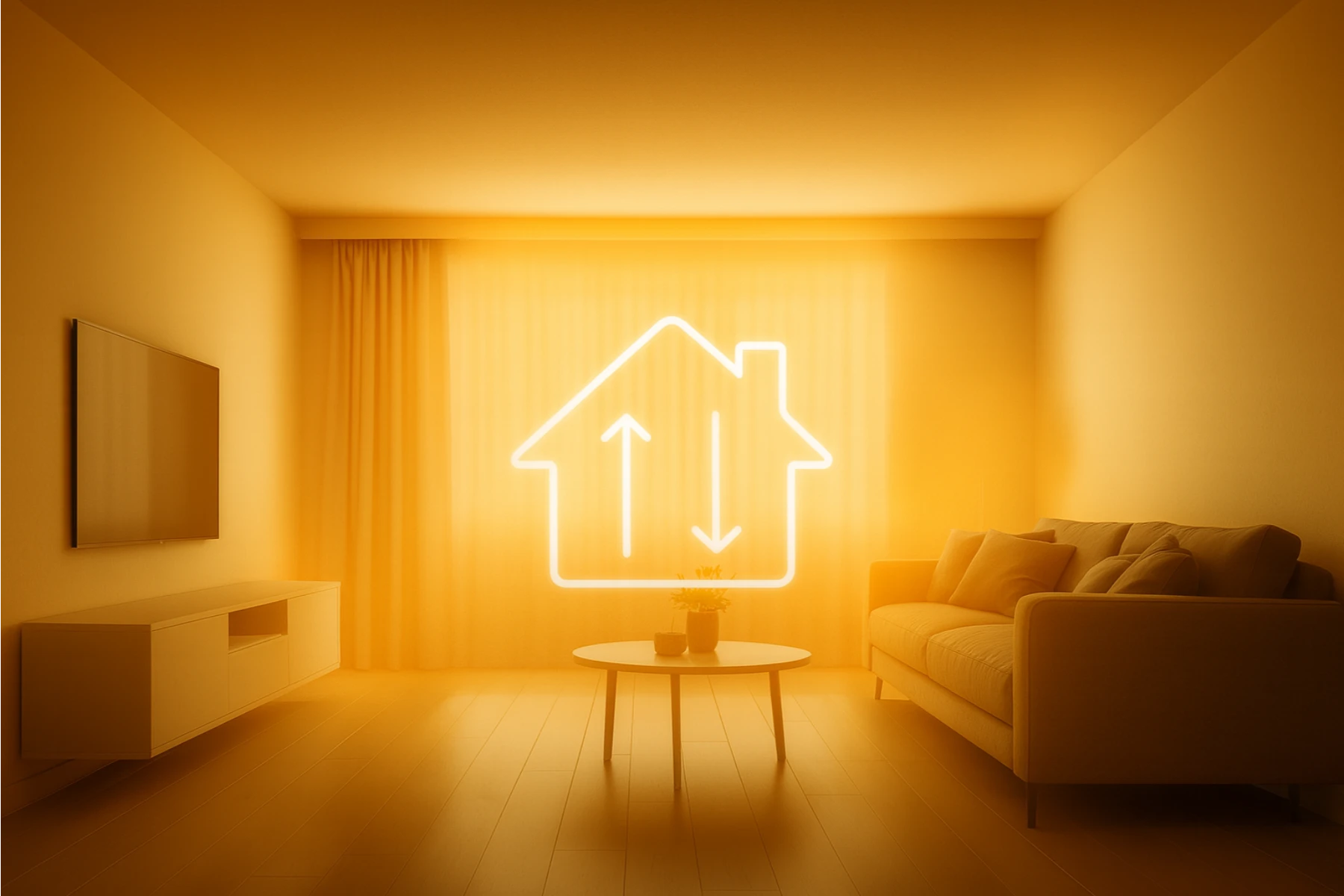 Wnętrze salonu z kanapą, stolikiem kawowym, telewizorem i neonowym symbolem Termoizolacja przedstawiającym strzałki ciepła