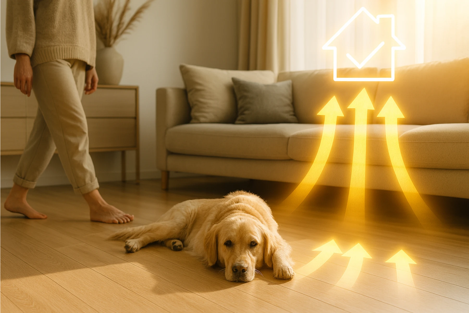 Złoty retriever na drewnianej podłodze z żółtymi strzałkami symbolizującymi izolację podłogi Izolacja podłogi