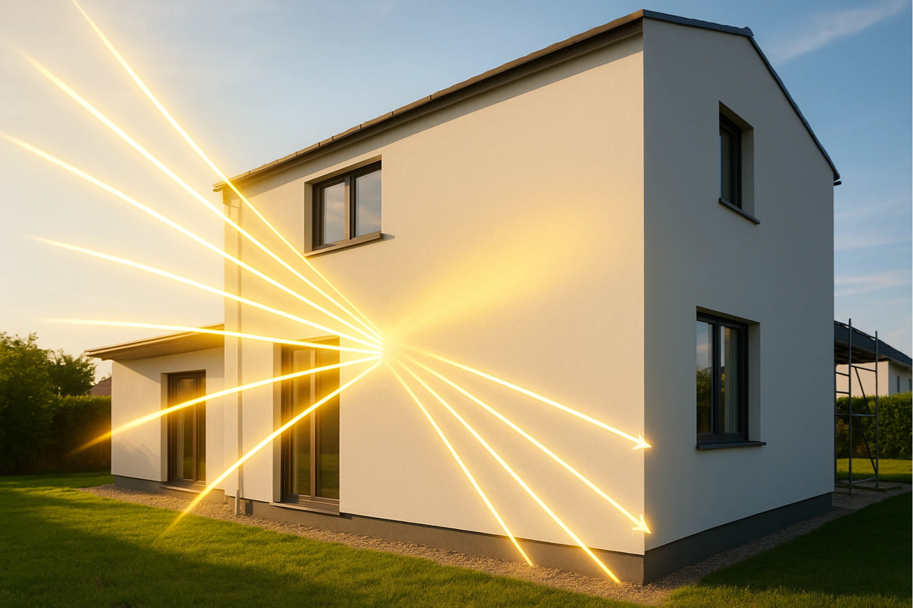 Elewacja domu z naniesioną powłoką Termoizolacja odbijającą promienie słoneczne