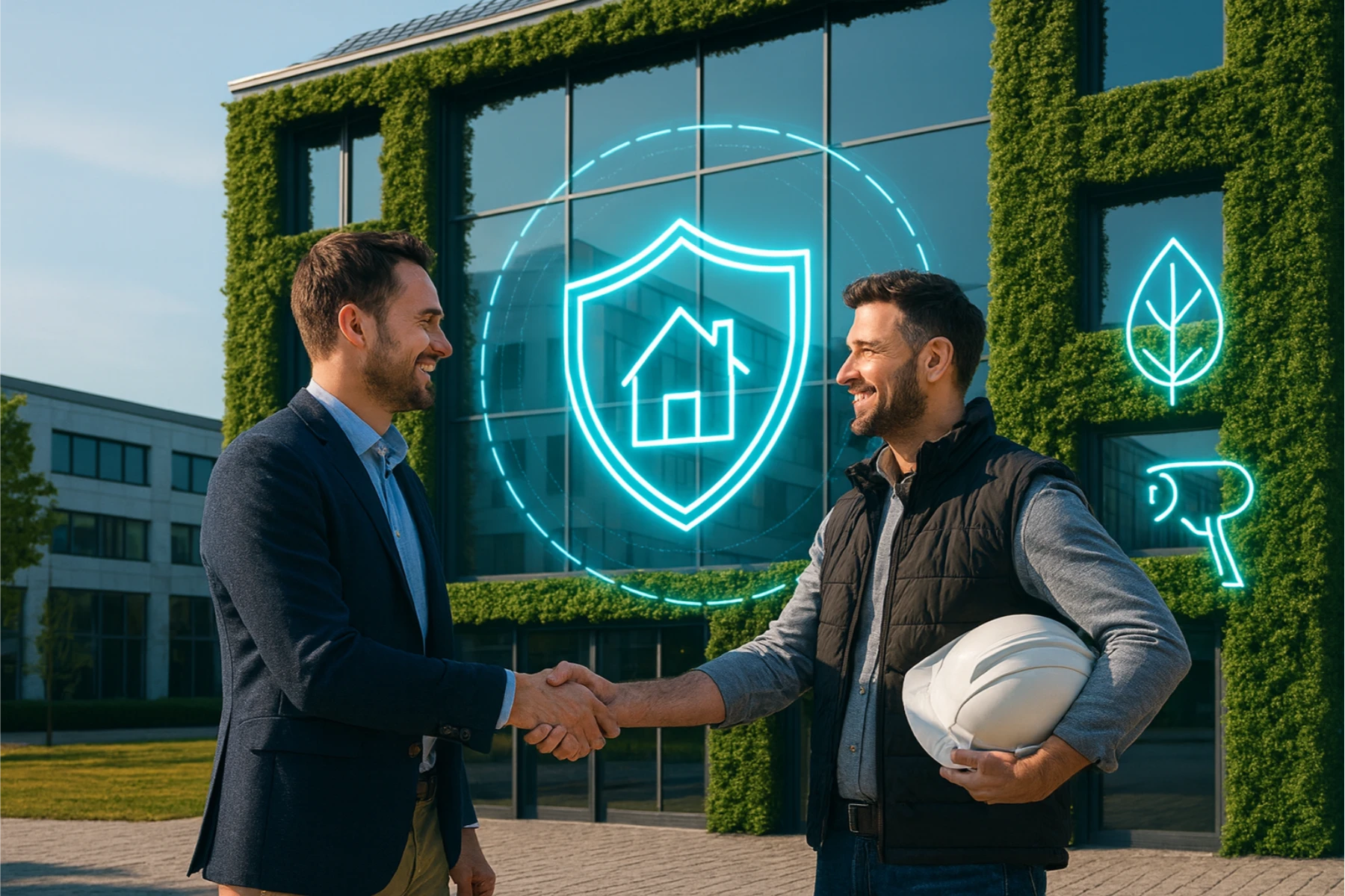 Dwaj mężczyźni ściskają dłonie przed budynkiem z zielonymi panelami, omawiając termoizolację i ochronne powłoki