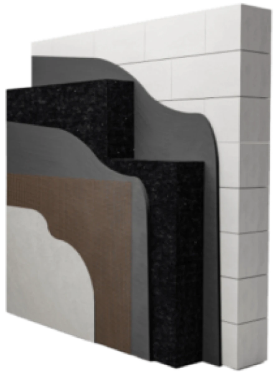 Przekrój warstw ściany z cienkowarstwową termoizolacją i ochronną powłoką