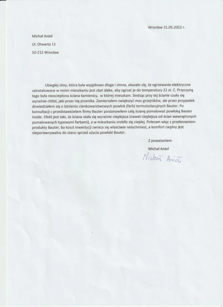 Zdjęcie skanu listu referencyjnego klienta firmy Bauter z podpisem